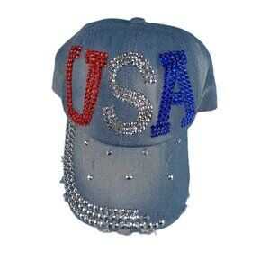 Alabama Girl Women's USA Baseball Cap Hat Distressed Light Wash Denim Studded